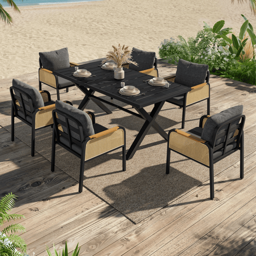 Mesa e cadeiras de jardim de metal com 6 cadeiras,preto+natural