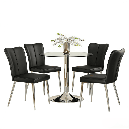 Conjunto de mesa de jantar 85 cm - mesa de vidro e 4 cadeiras em PU - preto prateado