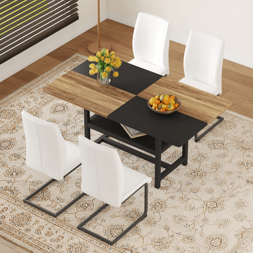 Conjunto mesa retangular 160x90x76 cm - Estante multifuncional + 4 cadeiras brancas de couro sintético - Branco, Madeira