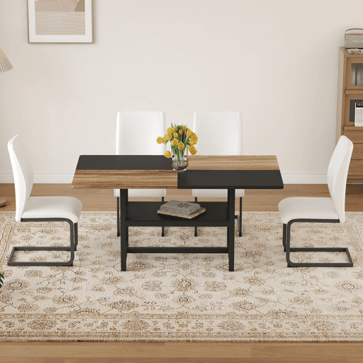 Conjunto mesa retangular 160x90x76 cm - Estante multifuncional + 4 cadeiras brancas de couro sintético - Branco, Madeira