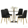 Conjunto de mesa de jantar 85 cm - vidro temperado e 4 cadeiras PU - preto e dourado
