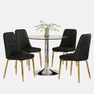 Conjunto de mesa de jantar 85 cm - vidro temperado e 4 cadeiras PU - preto e dourado
