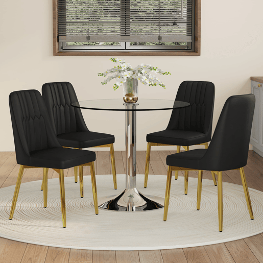 Conjunto de mesa de jantar 85 cm - vidro temperado e 4 cadeiras PU - preto e dourado