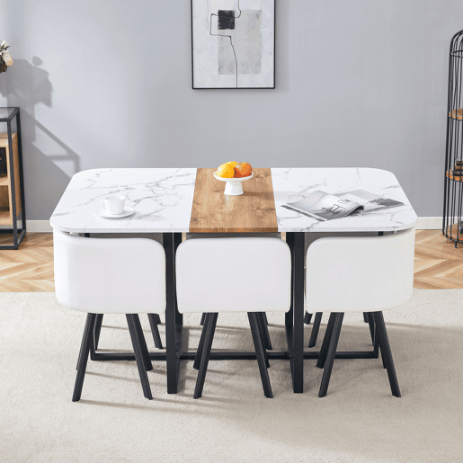 Conjunto de mesa de jantar para 4-6 pessoas - extensÃvel e cadeiras dobráveis - branco e preto Conjunto de mesa de jantar para 4-6 pessoas - extensÃvel e cadeiras dobráveis - branco e preto