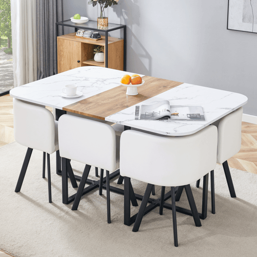 Conjunto de mesa de jantar para 4-6 pessoas - extensÃvel e cadeiras dobráveis - branco e preto Conjunto de mesa de jantar para 4-6 pessoas - extensÃvel e cadeiras dobráveis - branco e preto