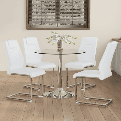 Conjunto de mesa de jantar 85 cm - minimalista em vidro temperado com 4 cadeiras em PU - Branco+Prata