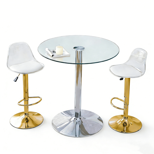 Conjunto Bar - Mesa de vidro de 89 cm + 2 bancos com pernas douradas - ajustável e giratório - Transparente