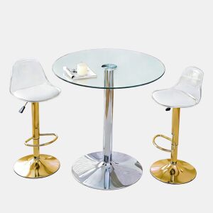 Conjunto Bar - Mesa de vidro de 89 cm + 2 bancos com pernas douradas - ajustável e giratório - Transparente