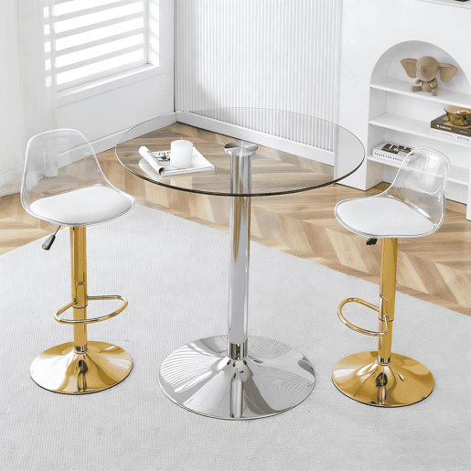 Conjunto Bar - Mesa de vidro de 89 cm + 2 bancos com pernas douradas - ajustável e giratório - Transparente