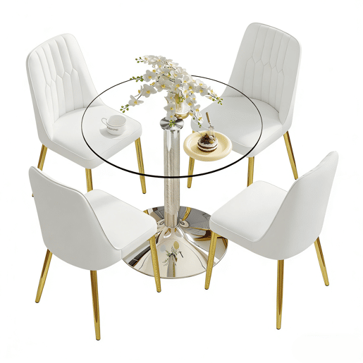 Conjunto de mesa de jantar 85 cm - vidro e 4 cadeiras modernas em PU - branco, dourado e prateado