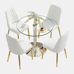 Conjunto de mesa de jantar 85 cm - vidro e 4 cadeiras modernas em PU - branco, dourado e prateado