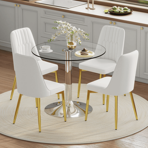 Conjunto de mesa de jantar 85 cm - vidro e 4 cadeiras modernas em PU - branco, dourado e prateado