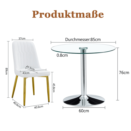 Conjunto de mesa de jantar 85 cm - vidro e 4 cadeiras modernas em PU - branco, dourado e prateado