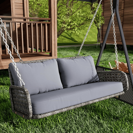 Balanço de jardim em PE-Rattan, 240 cm - Assento duplo, almofadas removíveis e laváveis, capacidade para 320 kg - Cinza