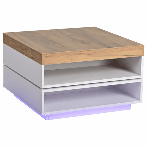 Mesa de centro 65 x 65 x 40 cm u2013 giratória a 360°, com LED e espaço de arrumação, mesa auxiliar para sala de estar u2013 branco + carvalho
