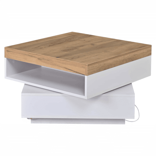 Mesa de centro 65 x 65 x 40 cm u2013 giratória a 360°, com LED e espaço de arrumação, mesa auxiliar para sala de estar u2013 branco + carvalho