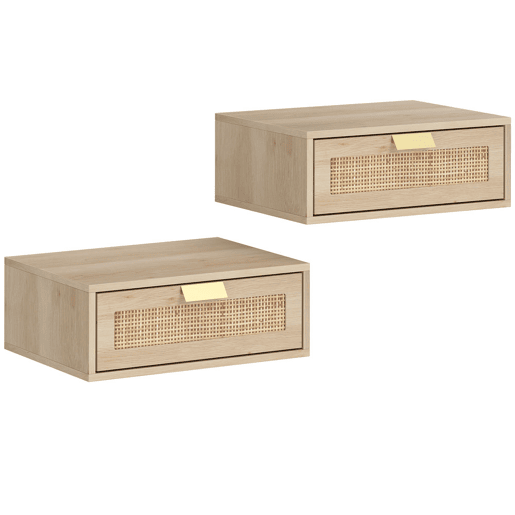 HOMCOM Conjunto de 2 Mesas de Cabeceira Flutuantes, Mesinhas de Cabeceira com Gaveta em Ratã, Economizam Espaço, Design Nórdico, para Sala de Estar, 40x30x15 cm, Carvalho