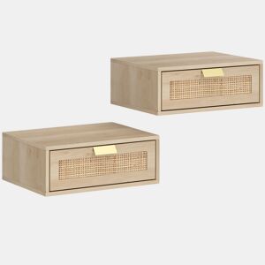 HOMCOM Conjunto de 2 Mesas de Cabeceira Flutuantes, Mesinhas de Cabeceira com Gaveta em Ratã, Economizam Espaço, Design Nórdico, para Sala de Estar, 40x30x15 cm, Carvalho