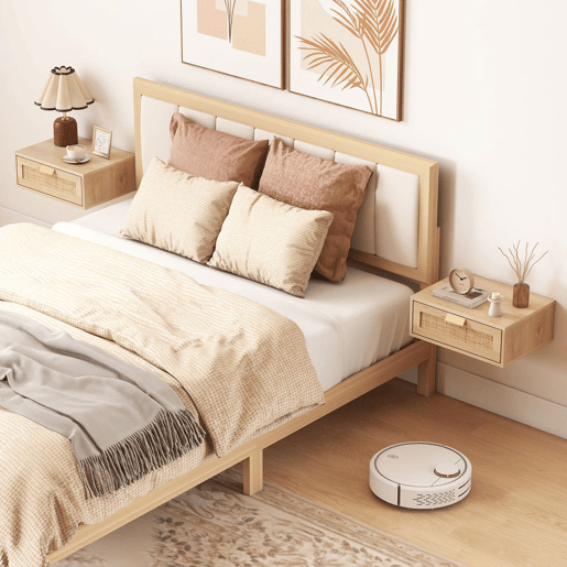 HOMCOM Conjunto de 2 Mesas de Cabeceira Flutuantes, Mesinhas de Cabeceira com Gaveta em Ratã, Economizam Espaço, Design Nórdico, para Sala de Estar, 40x30x15 cm, Carvalho