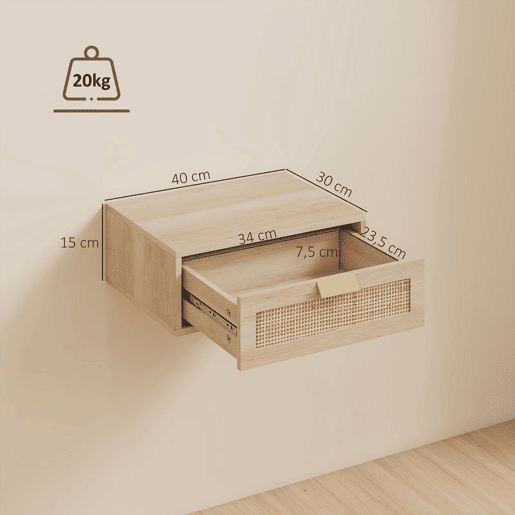 HOMCOM Conjunto de 2 Mesas de Cabeceira Flutuantes, Mesinhas de Cabeceira com Gaveta em Ratã, Economizam Espaço, Design Nórdico, para Sala de Estar, 40x30x15 cm, Carvalho