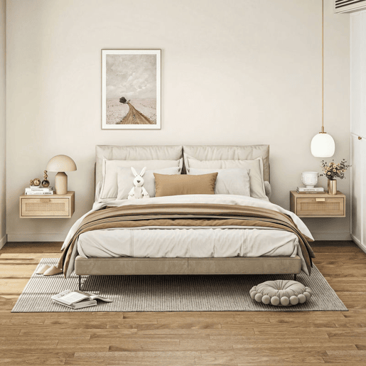 HOMCOM Conjunto de 2 Mesas de Cabeceira Flutuantes, Mesinhas de Cabeceira com Gaveta em Ratã, Economizam Espaço, Design Nórdico, para Sala de Estar, 40x30x15 cm, Carvalho