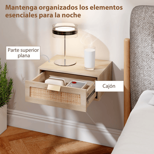 HOMCOM Conjunto de 2 Mesas de Cabeceira Flutuantes, Mesinhas de Cabeceira com Gaveta em Ratã, Economizam Espaço, Design Nórdico, para Sala de Estar, 40x30x15 cm, Carvalho