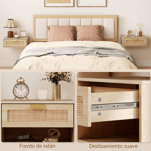 HOMCOM Conjunto de 2 Mesas de Cabeceira Flutuantes, Mesinhas de Cabeceira com Gaveta em Ratã, Economizam Espaço, Design Nórdico, para Sala de Estar, 40x30x15 cm, Carvalho