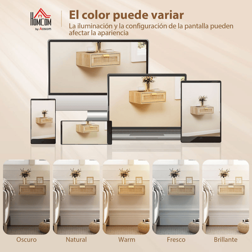 HOMCOM Conjunto de 2 Mesas de Cabeceira Flutuantes, Mesinhas de Cabeceira com Gaveta em Ratã, Economizam Espaço, Design Nórdico, para Sala de Estar, 40x30x15 cm, Carvalho