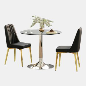 Conjunto de mesa de jantar 85 cm - Minimalista em vidro temperado + 2 cadeiras em PU - Preto+Dourado
