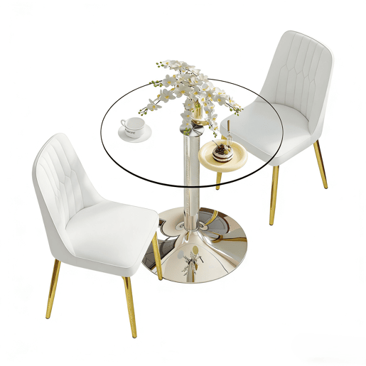 Conjunto de mesa de jantar 85 cm - vidro temperado com 2 cadeiras em PU - branco dourado prateado