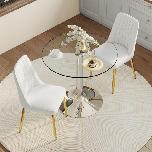 Conjunto de mesa de jantar 85 cm - vidro temperado com 2 cadeiras em PU - branco dourado prateado