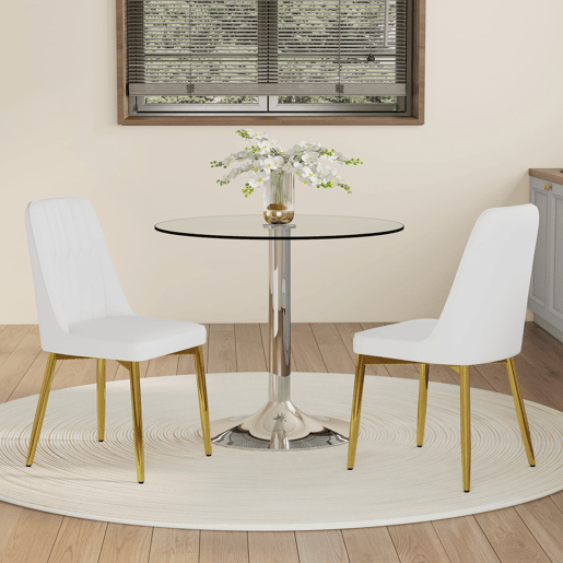 Conjunto de mesa de jantar 85 cm - vidro temperado com 2 cadeiras em PU - branco dourado prateado
