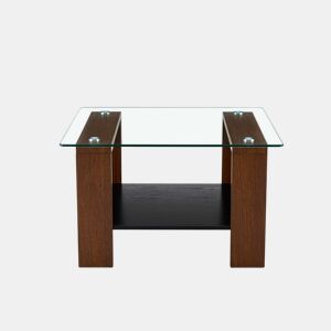 Mesa de centro 65 x 41 x 45,5 cm u2013 com espaço de arrumação, tampo em vidro temperado e pés em madeira de nogueira u2013 cor nogueira