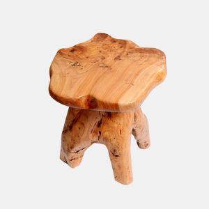 Mesa de centro de formato irregular - em madeira maciça de abeto, suporte para flores, banquinho - cor natural