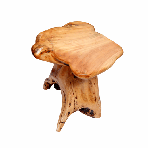 Mesa de centro de formato irregular - em madeira maciça de abeto, suporte para flores, banquinho - cor natural