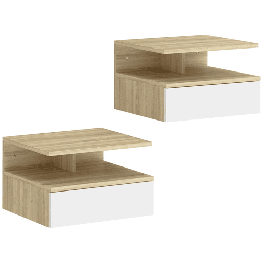 HOMCOM Conjunto de 2 Mesas de Cabeceira Suspensas com Gaveta, Mesas de Cabeceira Modernas para Quartos, Fixação na Parede, 35x32x22,5 cm, Carvalho e Branco