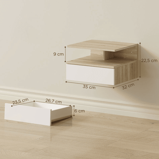 HOMCOM Conjunto de 2 Mesas de Cabeceira Suspensas com Gaveta, Mesas de Cabeceira Modernas para Quartos, Fixação na Parede, 35x32x22,5 cm, Carvalho e Branco