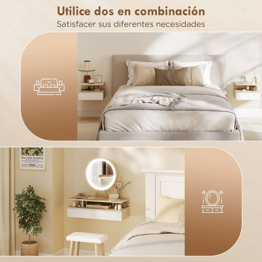 HOMCOM Conjunto de 2 Mesas de Cabeceira Suspensas com Gaveta, Mesas de Cabeceira Modernas para Quartos, Fixação na Parede, 35x32x22,5 cm, Carvalho e Branco