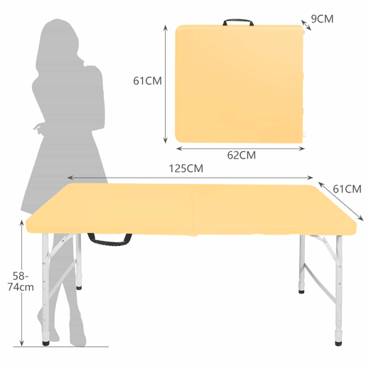 Mesa dobrável portátil de 125 cm - resistente, altura ajustável, multifuncional - amarelo claro