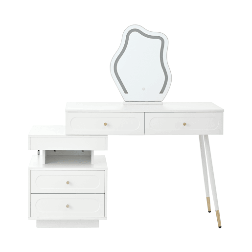 Tocador 140x40x130 cm - LED, 4 gavetas e prateleira aberta - Branco