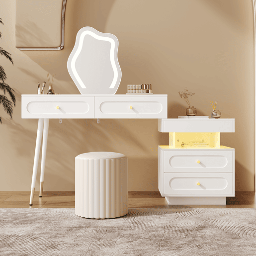 Tocador 140x40x130 cm - LED, 4 gavetas e prateleira aberta - Branco