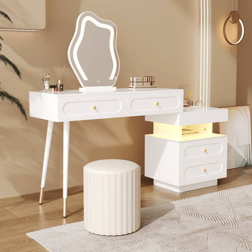 Tocador 140x40x130 cm - LED, 4 gavetas e prateleira aberta - Branco