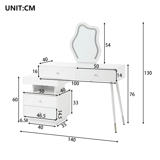 Tocador 140x40x130 cm - LED, 4 gavetas e prateleira aberta - Branco