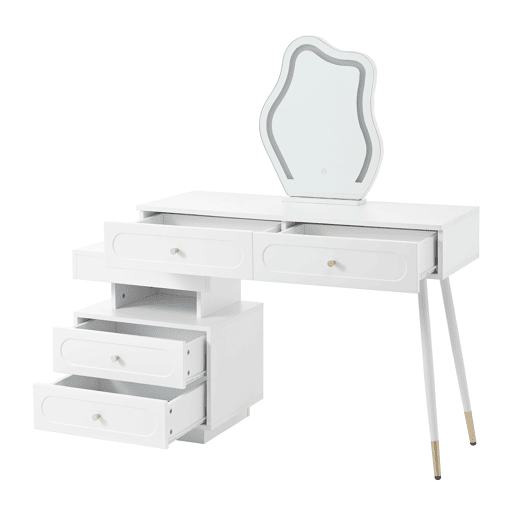 Tocador 140x40x130 cm - LED, 4 gavetas e prateleira aberta - Branco
