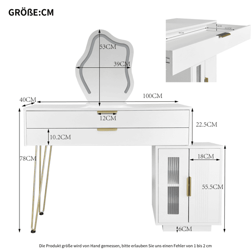 Tocador LED 100x40x78 cm - Design moderno extensível para quarto - Branco