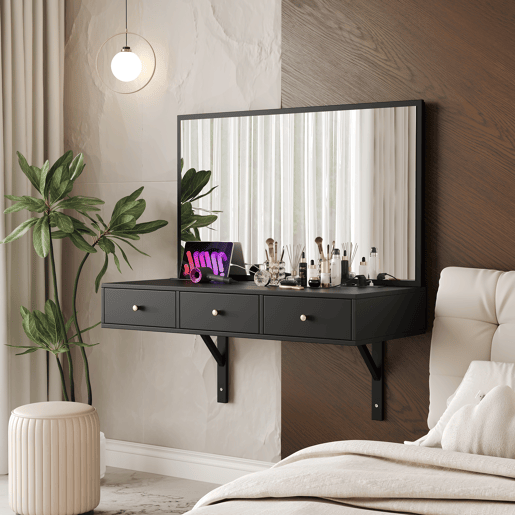 Penteadeira suspensa 100x105x45 cm - 3 gavetas, espelho, tomadas, suporte para tablet e bebida - Preto