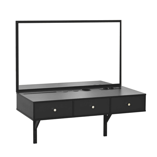 Penteadeira suspensa 100x105x45 cm - 3 gavetas, espelho, tomadas, suporte para tablet e bebida - Preto