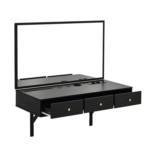 Penteadeira suspensa 100x105x45 cm - 3 gavetas, espelho, tomadas, suporte para tablet e bebida - Preto