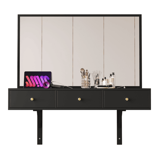 Penteadeira suspensa 100x105x45 cm - 3 gavetas, espelho, tomadas, suporte para tablet e bebida - Preto