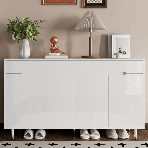 Sapateira moderna - 2 portas e 2 gavetas com prateleiras ajustáveis, pés dourados, capacidade para 18-24 pares - cor dourada e branca Sapateira moderna - 2 portas e 2 gavetas com prateleiras ajustáveis, pés dourados, capacidade para 18-24 pares - cor dourada e branca